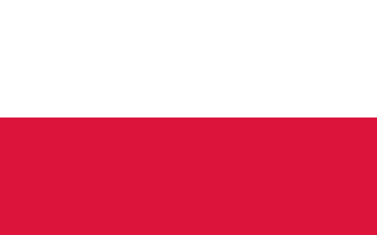 Flaga Polski: dwie poziome pasy, biały u góry, czerwony na dole.